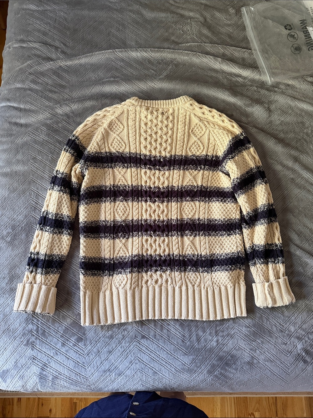 L.L. Bean Signature Cotton Fisherman Cable Knit Sweater Cream Navy Stripe Large - Picture 3 of 12